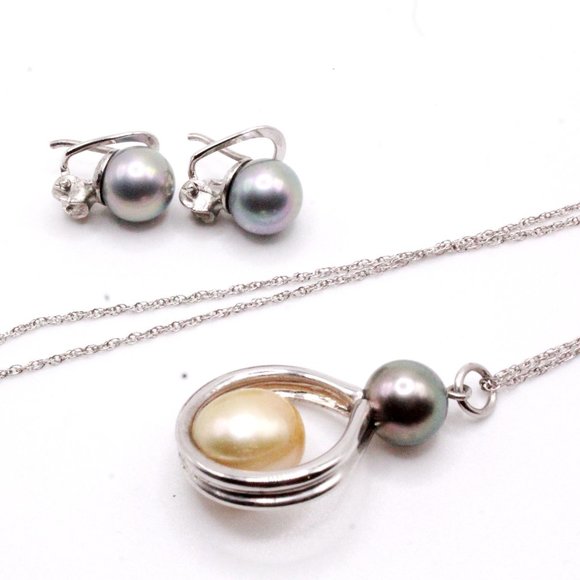 Vintage Sterling Silver Rhodium Plate Freshwater Pearl Necklace Earrings Set - Picture 3 of 6
